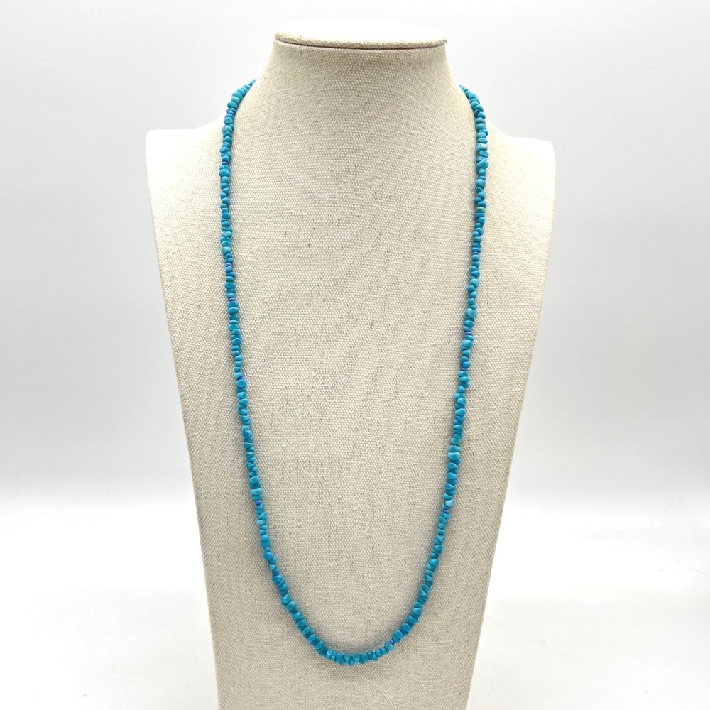 Turquoise Chip Bead Necklace Blue Southwestern Boho Beaded Strand 26 Inch
